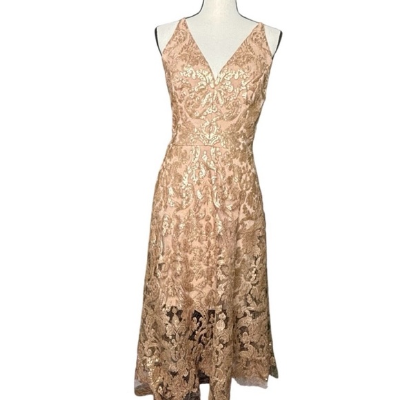 Dress the Population Blair Sequin gold  nude lace midi dress L - Picture 4 of 14